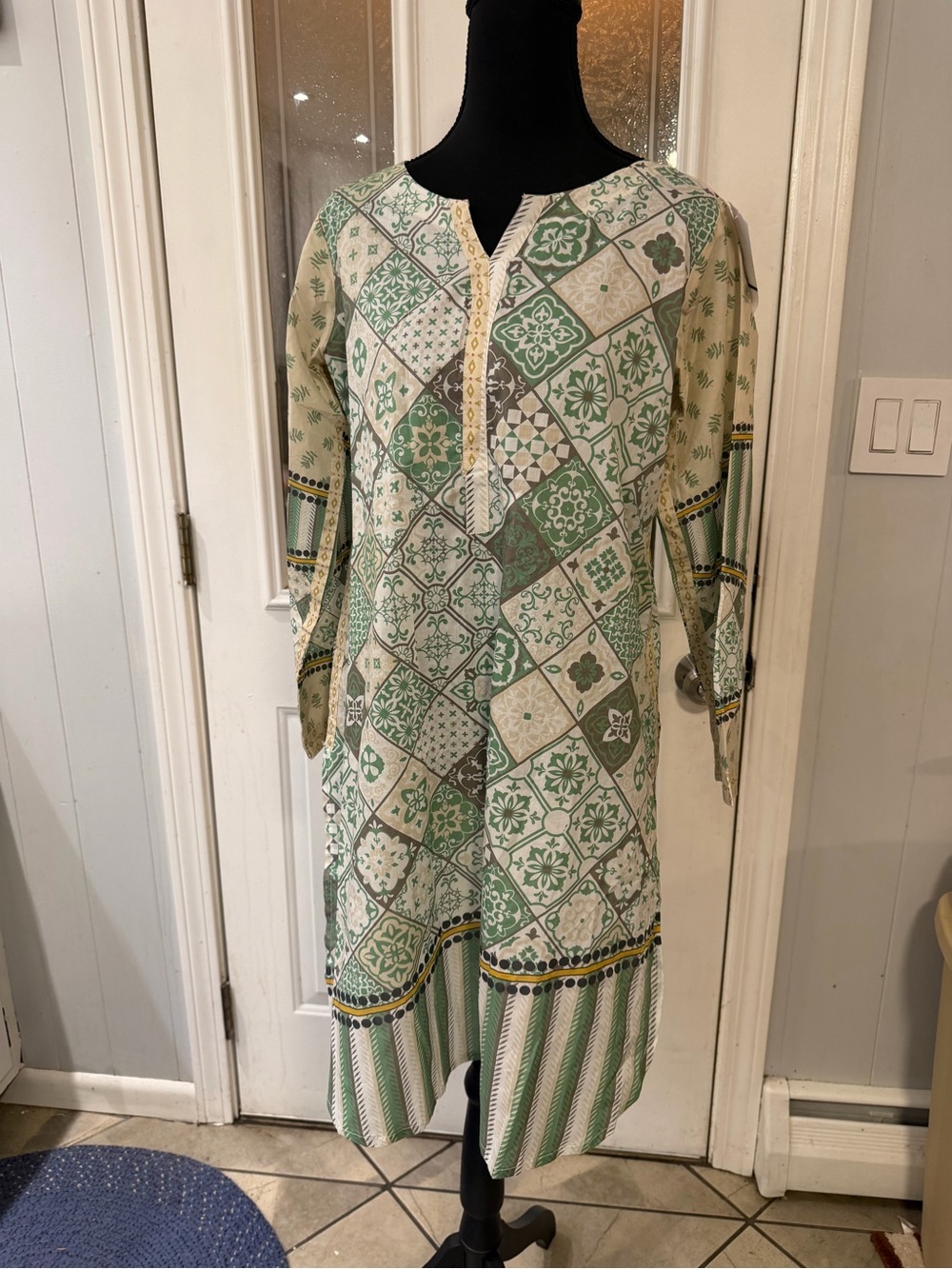 Replay Printed Tunic in Green, Cream & Black with Yellow Stripes